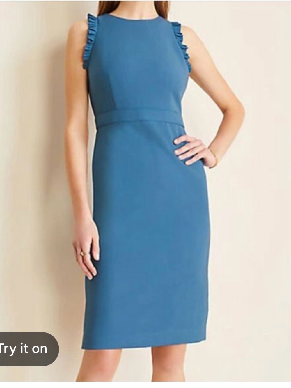 ANN TAYLOR Blue Doubleweave Ruffle-Trim Sheath Dress